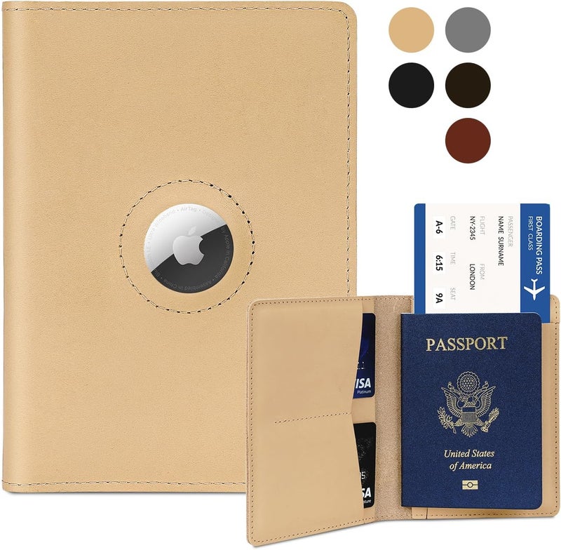 Kicoroiny Airtag Passport Holder for Men and Women Travel, Real Leather Passport Wallet, Handmade Passport Cover Case with Airtag Slot, Travel Must Haves Essentials Accessories Birthday Gifts(Crazy Horse,Beige) - Image 1